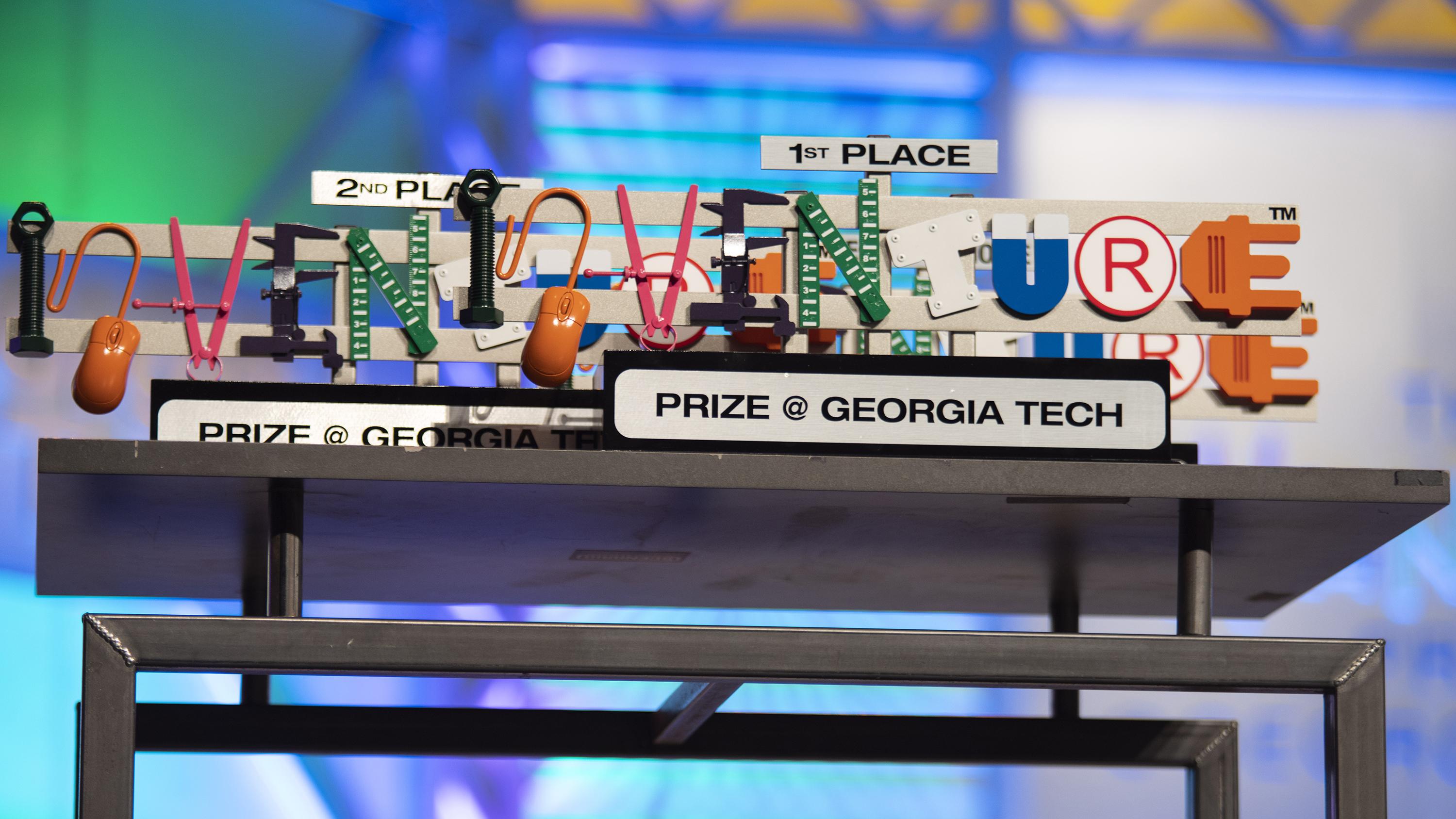 Two InVenture Prize trophies on a table during the 2020 InVenture Prize finals. (Photo: Christopher Moore)