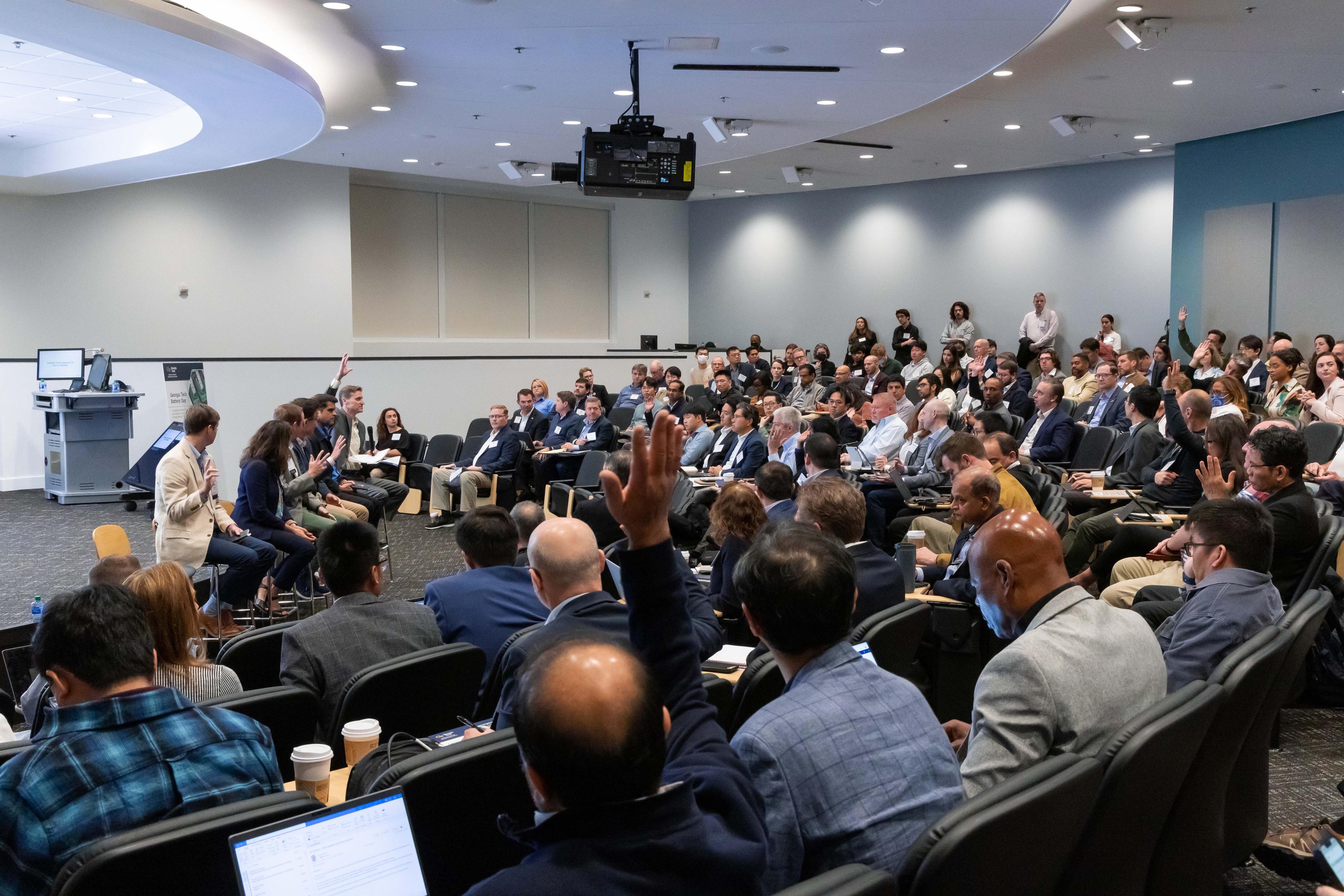 Energy researchers and members of the industry engaged in discussion during an industry panel at the 2023 GT Battery Day