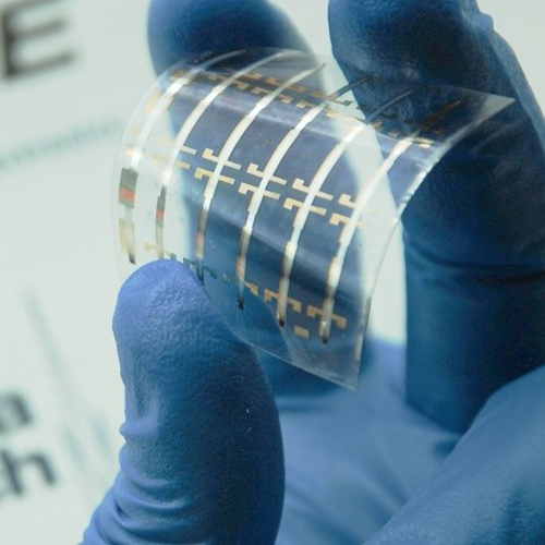 A blue gloved hand holds a flexible plastic sheet printed with organic photonic devices.