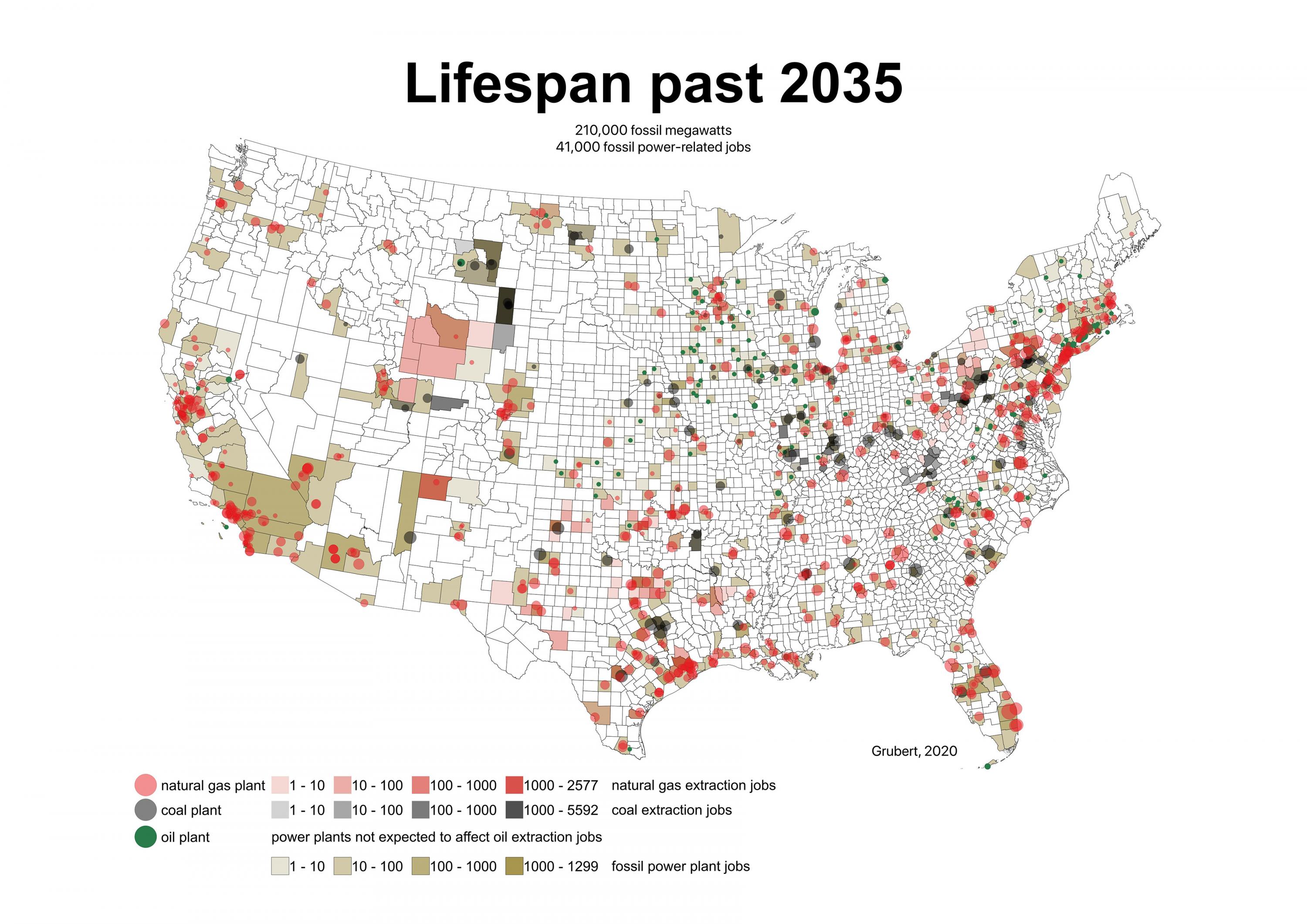 This map shows the locations of electricity-generating facilities with projected lifespans that extend beyond 2035. (Credit: Emily Grubert, Georgia Tech)
