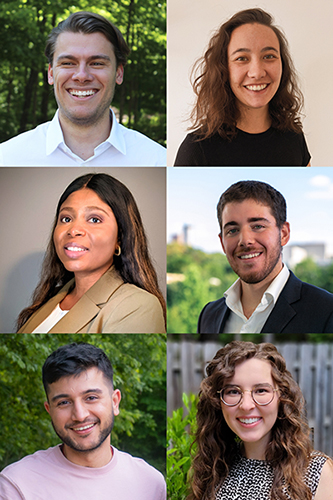 Montage of portraits of the second class of BBISS Graduate Fellows. L to R, top to bottom, Oliver Chapman, Meaghan Conville, Olianike Olamano, Carlos Fernandez, Vishal Sharma, and Sarah Roney.