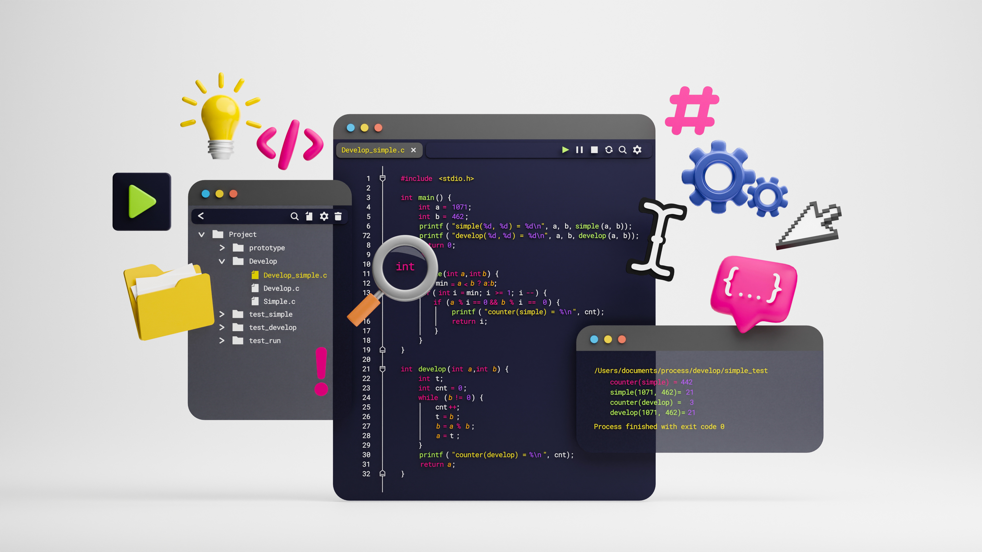 This image depicts a stylized, 3D-rendered workspace for software development. It combines a clean, modern aesthetic with various icons and windows that represent different stages of the coding and debugging process.