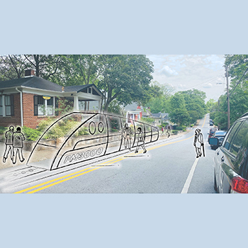 Perspective sketch of a small shuttle train superimposed over a photo of an intown neighborhood street scene.