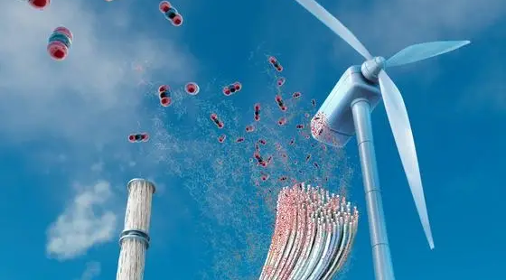 An artist’s rendering shows an installation of a new direct-air capture system design at a wind farm.