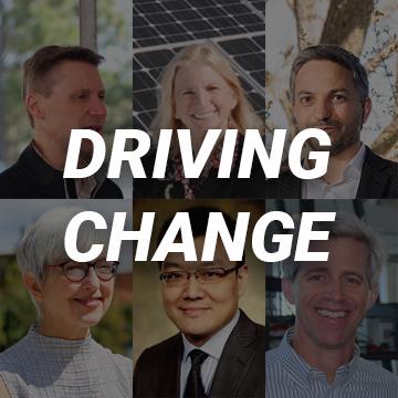 A montage of portraits with the words, "Driving Change" superimposed over them.  L to R, Top to Bottom: Rich Simmons, Marylin Brown, Gleb Yushin, Valerie Thomas, Hailong Chen, and Tim Lieuwen.