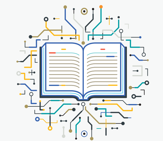 The image features an open book at the center, surrounded by complex, colorful circuit-like patterns. This visual metaphor likely represents several interconnected concepts:Digital Learning: The fusion of a traditional book with circuitry symbolizes the evolution of education into the digital age, including e-books and online resources.Knowledge & Technology: It suggests that information is the "power source" for technology, or conversely, that technology is the modern infrastructure for sharing knowledge.