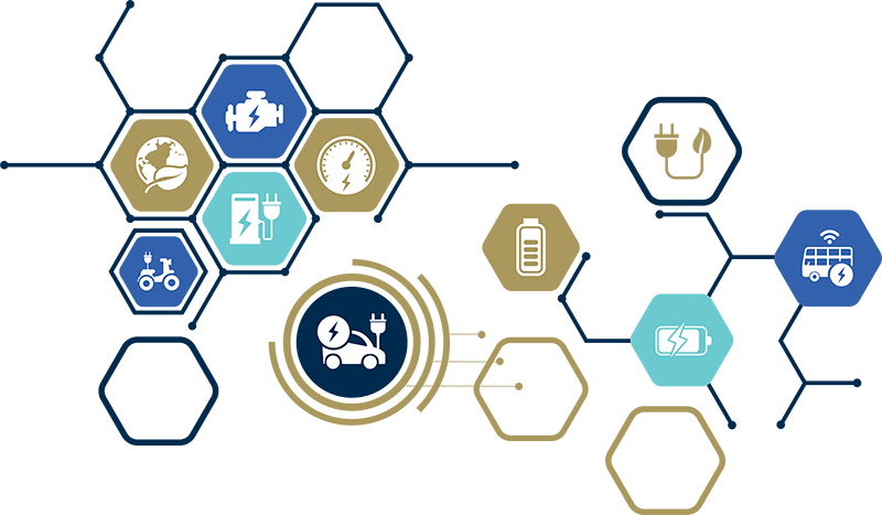 Graphic of EV charging icons in a hexagonal matrix