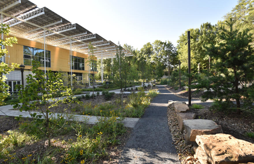 A slate chip walking path winds between the Georgia Tech Ecocommons native landscape watershed project and the Kendeda building.