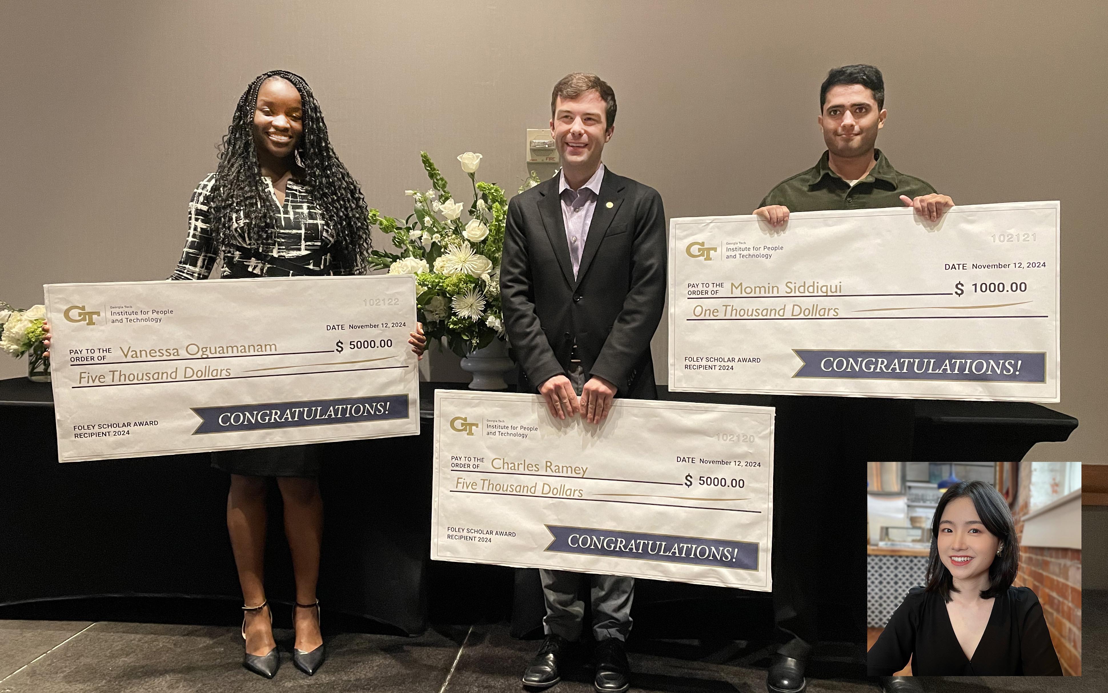 Foley Scholars for 2024-2025: Vanessa Oguamanam, Charles Ramey, and Momin Siddiqui. Jiawei Zhou, bottom right, was unable to attend.