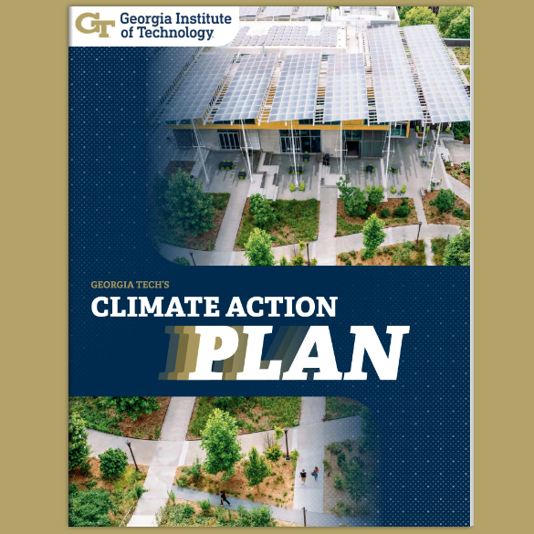 Cover of the Georgia Tech Climate Action Plan showing an overhead view of the Kendeda Building for Sustainable Innovative Design.