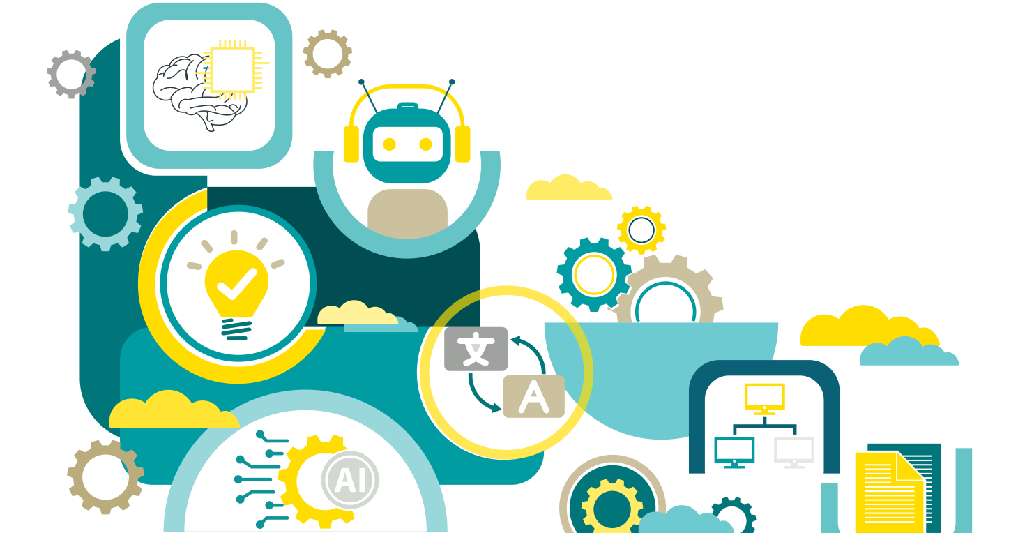 This graphic illustration depicts concepts related to artificial intelligence and digital technology workflows.      It features icons representing machine learning models and artificial intelligence neural networks.      The design emphasizes technological themes such as data science, programming, and innovation.      Elements include gears, lightbulbs, and translation symbols, symbolizing business strategy and process optimization.