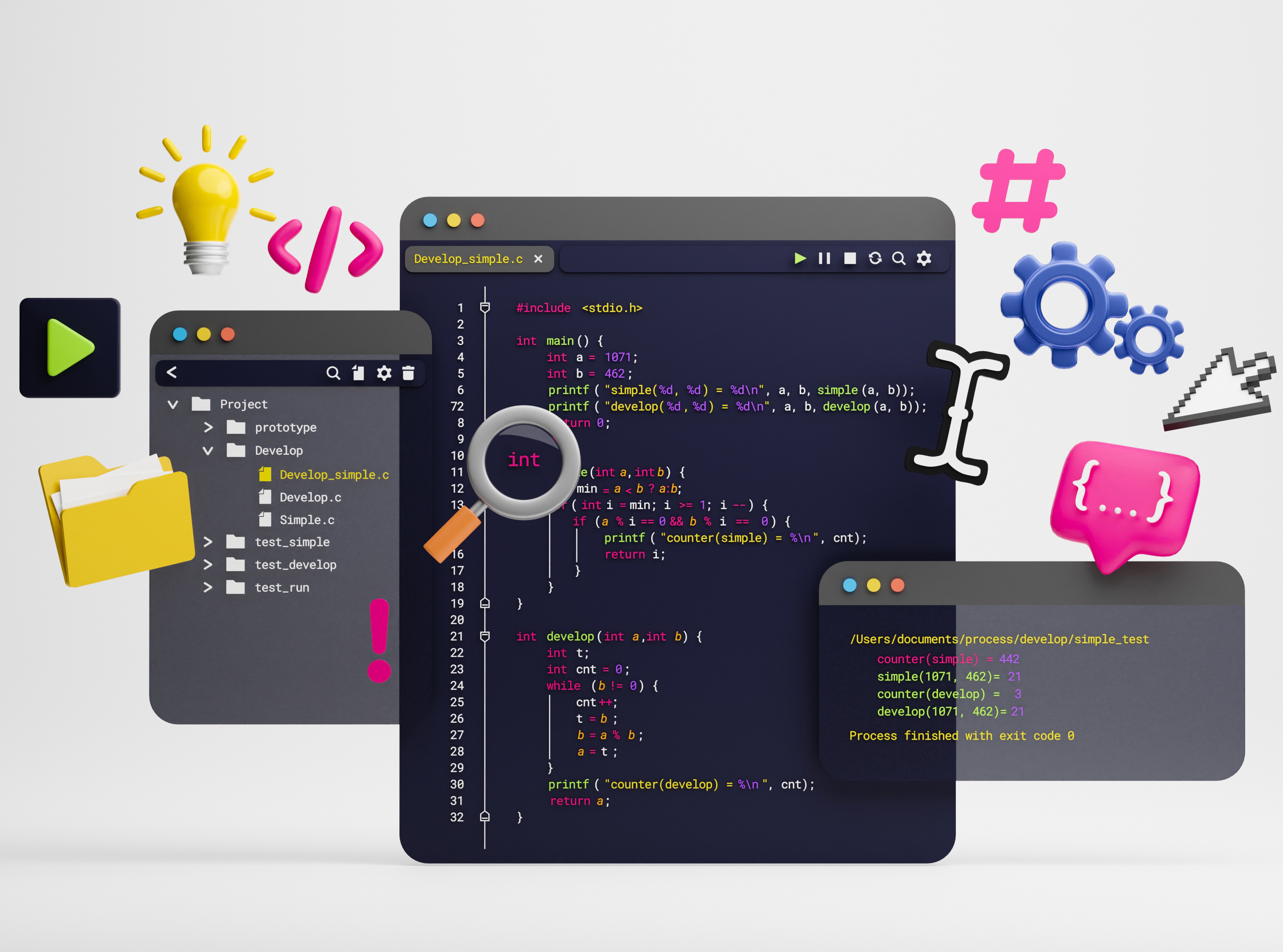 This image depicts a stylized, 3D-rendered workspace for software development. It combines a clean, modern aesthetic with various icons and windows that represent different stages of the coding and debugging process.