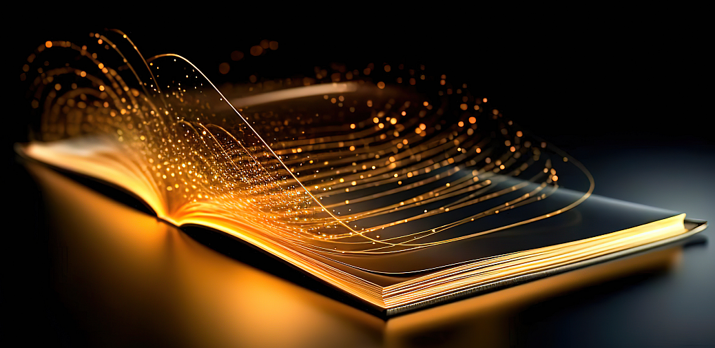 AI generated image of a book with gold glowing edges on a black background