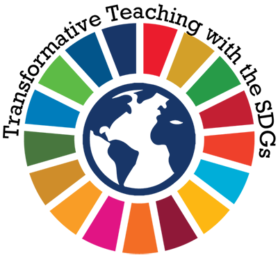 Transformative Teaching with the SDGs logo consisting of a simplified view of the Earth surrounded by multicolored wedges signifying the Sustainable Development Goals logo