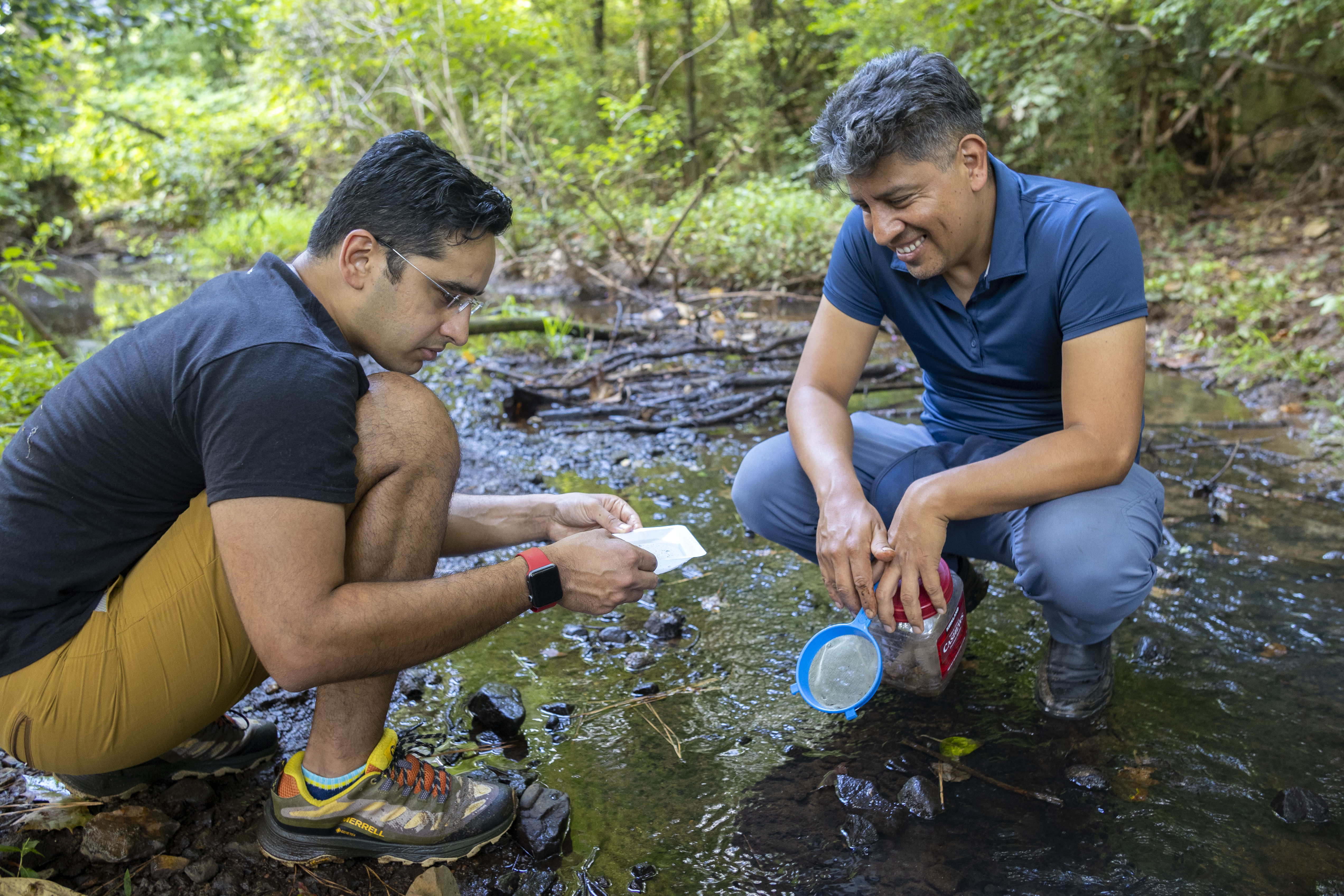 Víctor Ortega-Jiménez and a fellow researcher exploring a creek to observe springtails.