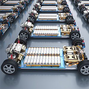 Group of electric cars with pack of battery cells module on platform