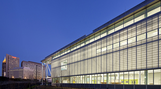 nightime photo of the Carbon Neutral Energy Solutions (CNES) building