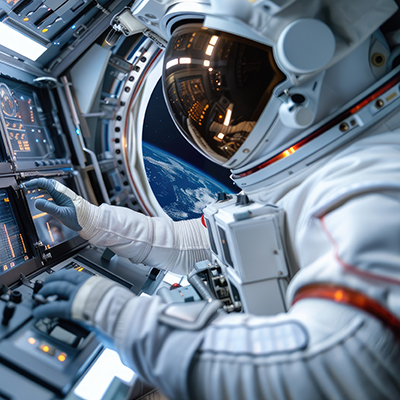 An astronaut working on control panels.