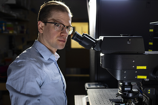 A person in a collared shirt looks into a microscope inside a dimly lit laboratory.