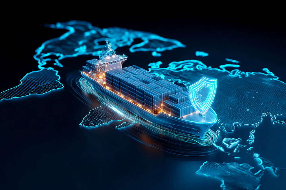 Digital cargo ship with a cybersecurity shield icon on a world map, representing secure maritime logistics and trade.