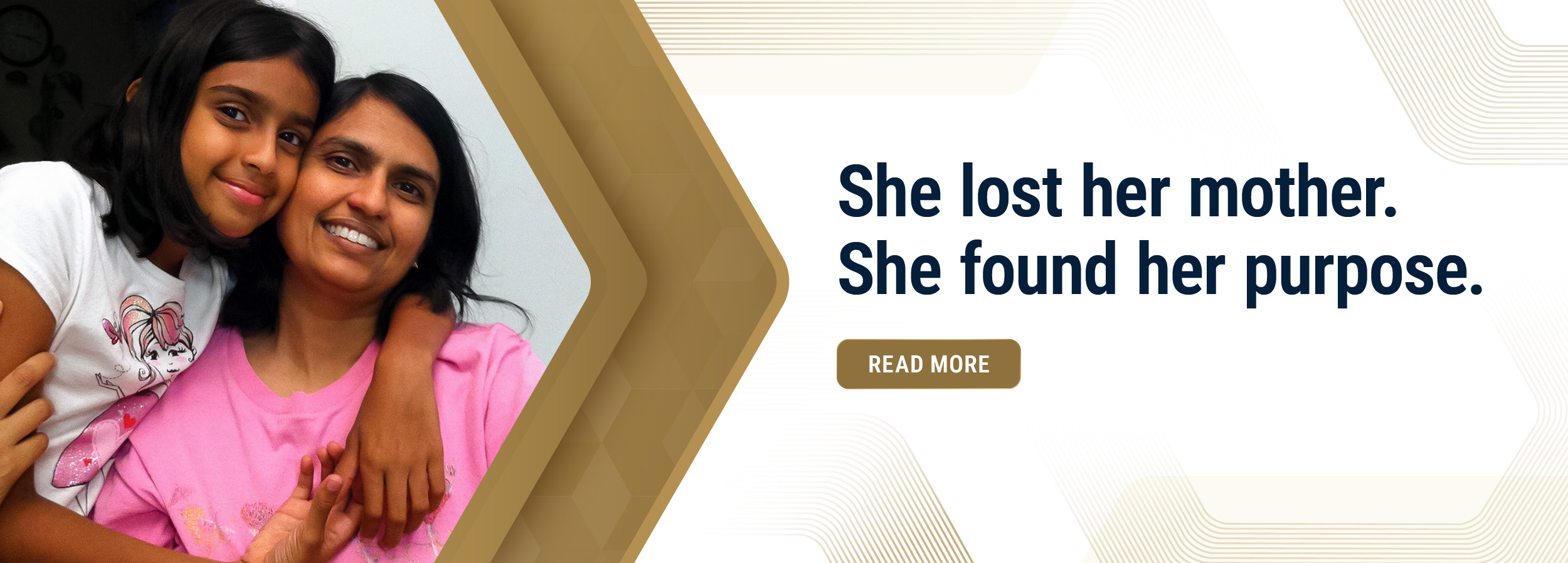 Young girl hugs her smiling mother beside the headline