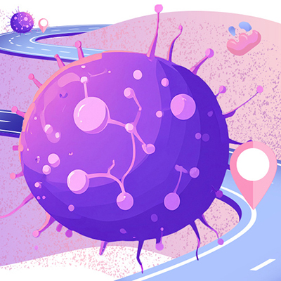 An illustration of a large purple nanoscale particle with branching molecular structures, shown along a winding road with map-style markers.

