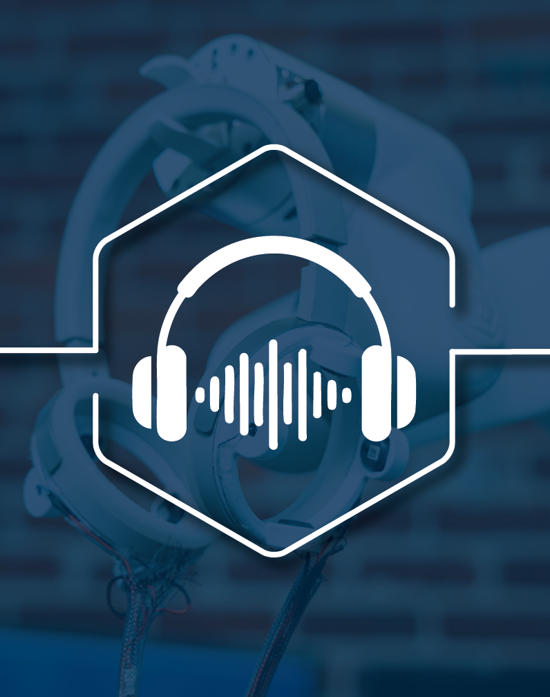 Headphones with visible internal wiring hang against a blurred background, overlaid with a white line icon of over-ear headphones and a soundwave inside a hexagonal outline.