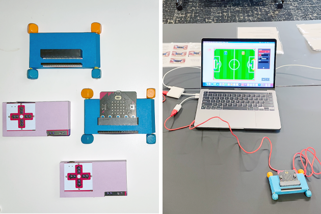 Two-part image showing colorful electronic prototypes on the left and a laptop on the right connected to a small device with red wires, displaying a soccer game interface on the screen.