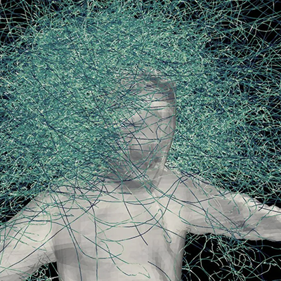 A human-shaped figure surrounded by a dense network of thin, intersecting lines on a dark background.