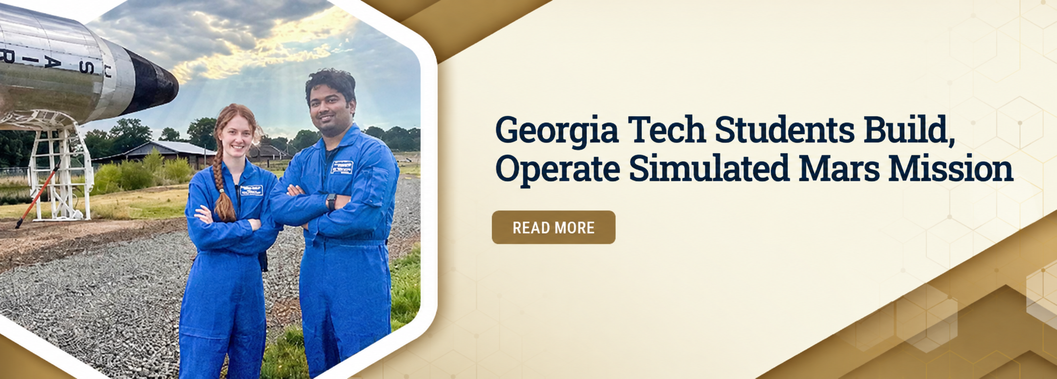 Georgia Tech students in blue flight suits stand beside a spacecraft replica, promoting a U.S.-based, student-led analog space mission.