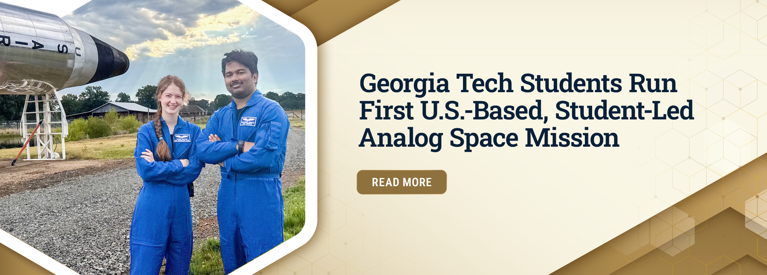 Georgia Tech students in blue flight suits stand beside a spacecraft replica, promoting the first U.S.-based, student-led analog space mission.