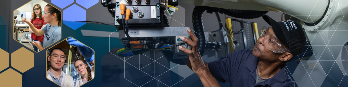 National laboratory researchers and technicians working with advanced robotics and laboratory equipment, with inset images of scientists collaborating.