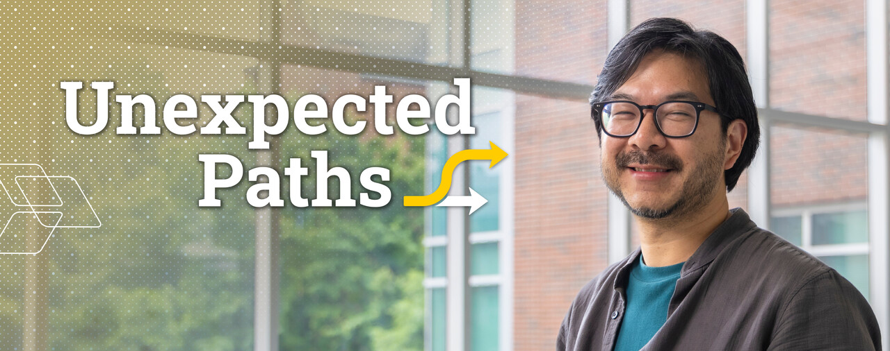 decorative banner with a man on the far right wearing glassed and the words "Unexpected Paths" on the left in white lettering