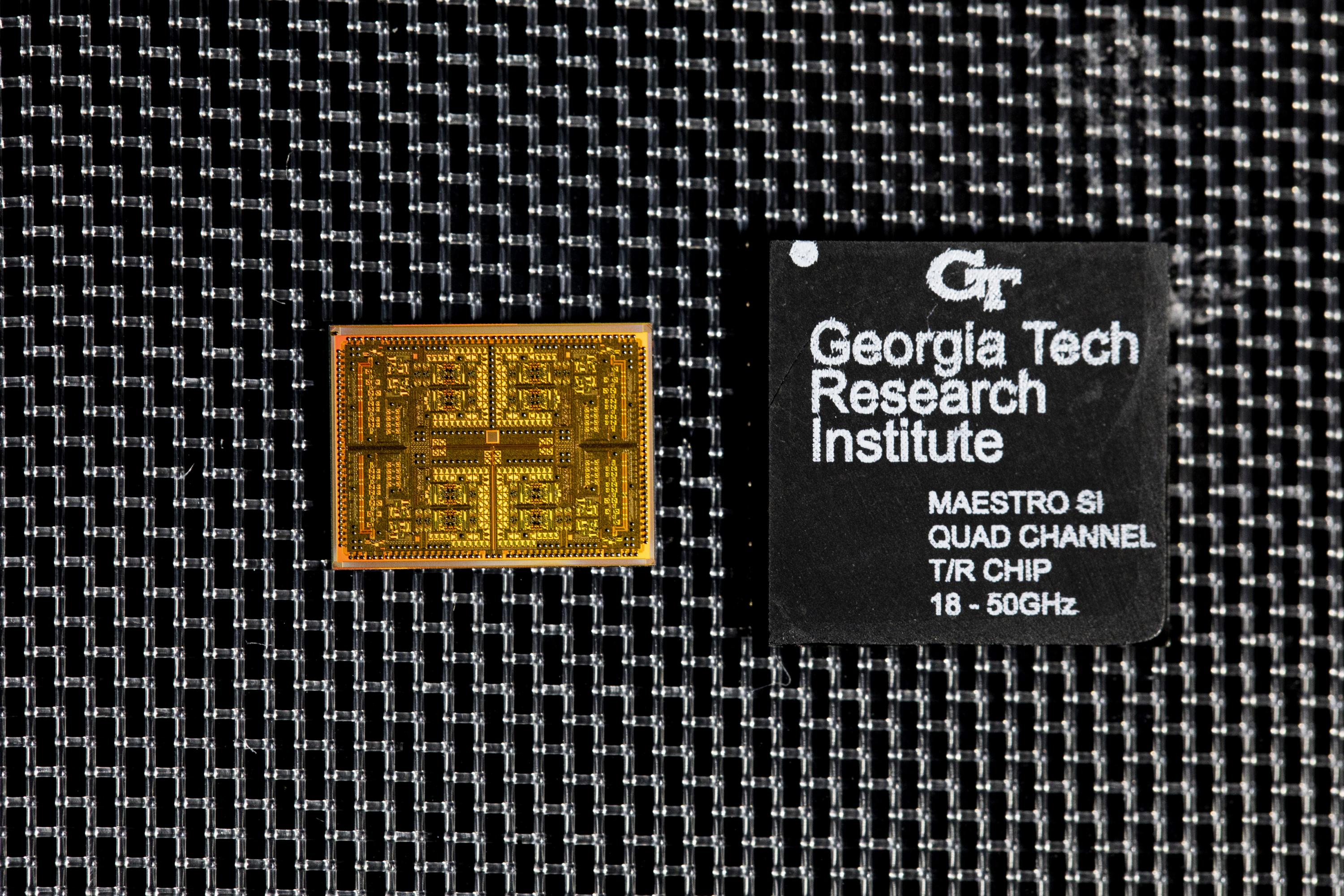 Image shows a bare die (left) and fully packaged flip-chip ball grid array (FCBGA) quad-channel T/R module. (Credit: Sean McNeil, GTRI)