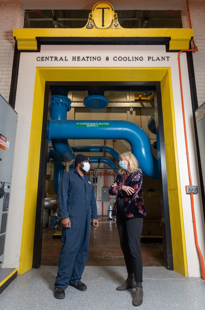 (L to R) Engineer Marvin Carter and researcher Marilyn Brown outside the Georgia Tech Physical Plant. (Photo credit: Robert Felt, Georgia Tech)