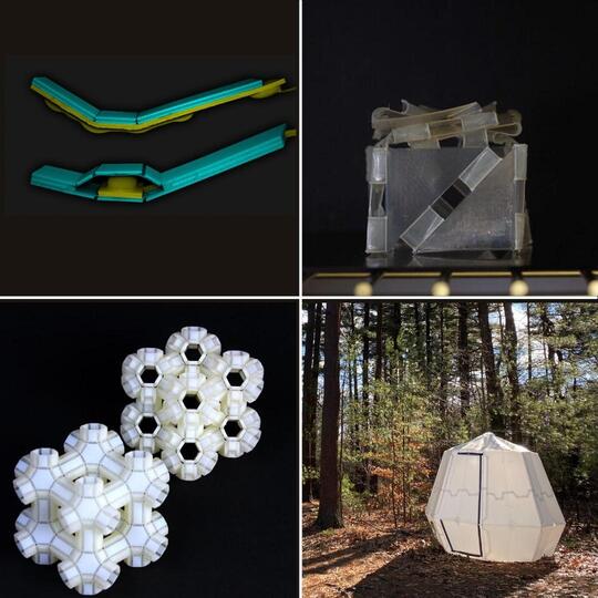 Examples of origami- and kirigami-inspired multifunctional structures include hybrid soft pop-up actuators (top left), 3D-printed soft robotic systems (top right), transformable materials (bottom left) and inflatable shelters (bottom right). (Credit: Harvard SEAS)