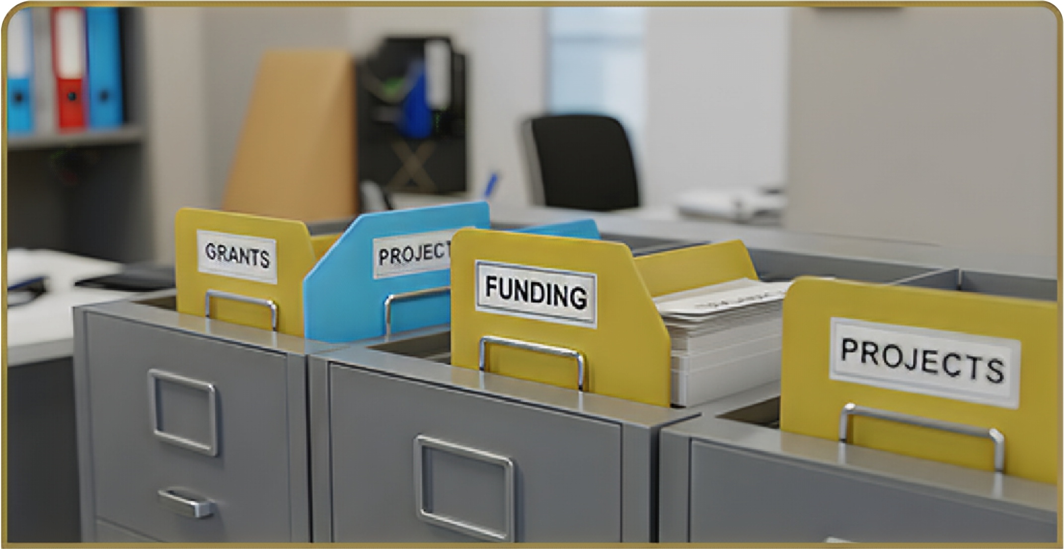 Color-coded file folders labeled Grants, Projects, and Funding are organized in filing cabinets in an office.