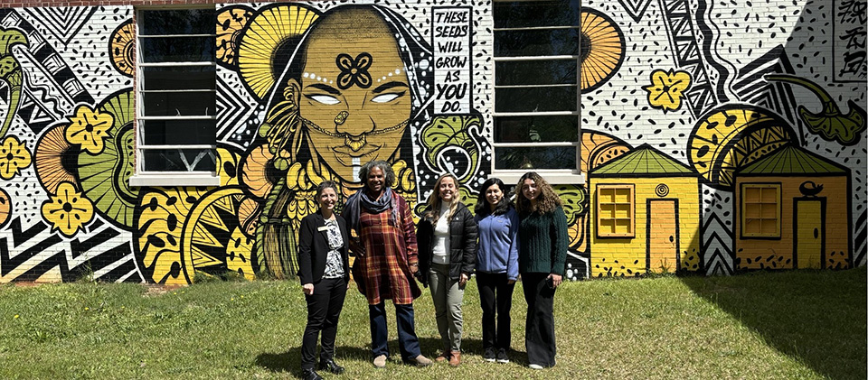 Faculty Fellow Sofia Perez-Guzman (third from right) joins SCoRE staff on a site visit to the ArtsXchange in East Point to explore mutual interests related to community resiliency (April 5, 2024)