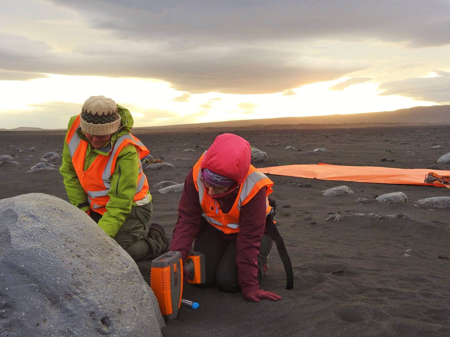 Erika Rader and Elena Amador use handheld portable chemical analysis instrumentation.