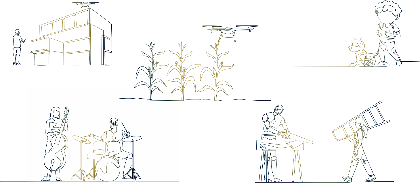 single line drawings of robots interacting with humans in work and at play