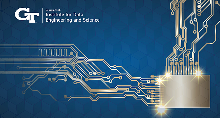 This image features the logo for the Georgia Tech Institute for Data Engineering and Science. It displays a stylized, abstract graphic of a circuit board and a semiconductor chip against a deep blue background.