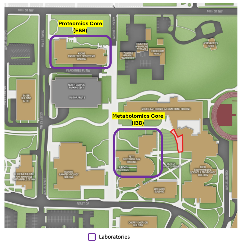 Map detailing locations of proteomics and metabolomics core facilities