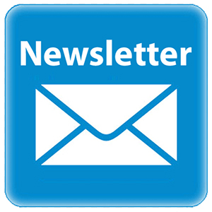 Square button shaped graphic that says newsletter with an envelope icon.