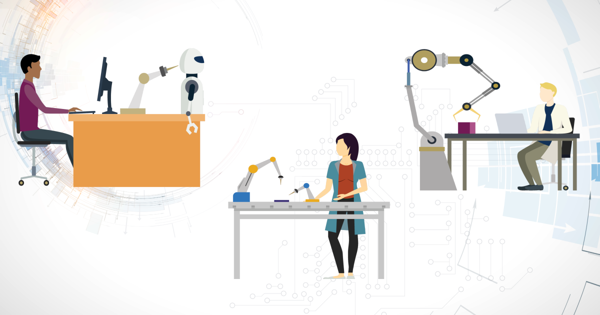 Illustration of students engaged in variuos robotics research activities
