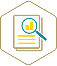 Icon graphic with magnifying glass inspecting numbers and charts