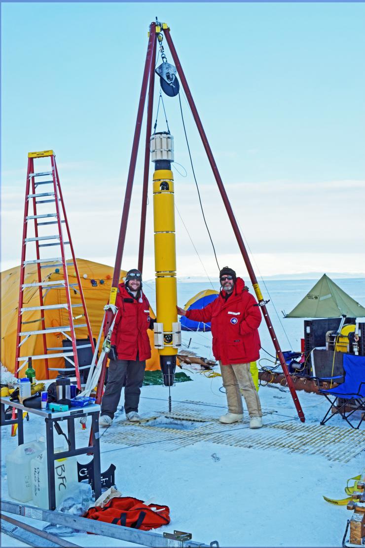 <p>Matt Meister, a research assistant at GTRI, and Mick West, moments before deploying Icefin. Photo: Jacob Buffo.</p>