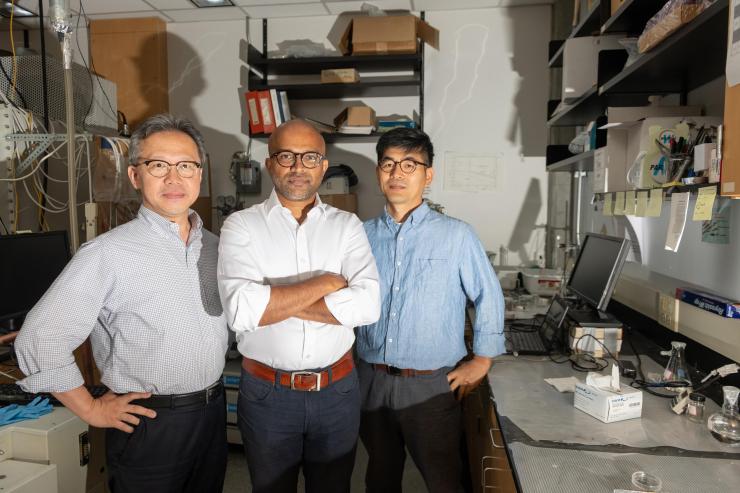 <p>Seung Soon Jang, an associate professor, Faisal Alamgir, an associate professor, and Ji Il Choi, a postdoctoral researcher, all in Georgia Tech’s School of Materials Science and Engineering. (Credit: Allison Carter)</p>