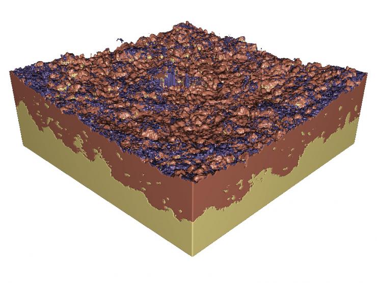 A three-dimensional view of the lithium/solid-electrolyte interface within the battery reconstructed with X-ray tomography. (Credit: Matthew McDowell)