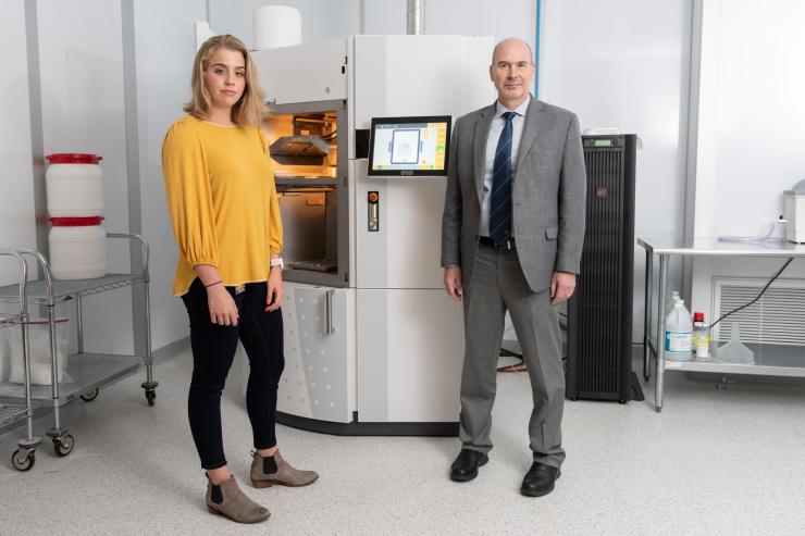 <p>Research Scientist Sarah Jo Crotts and Biomedical Engineering Professor Scott Hollister are shown at the Global Center for Medical Innovation (GCMI). Hollister holds the Patsy and Alan Dorris Endowed Chair in Pediatric Technology, a joint initiative supported by Georgia Tech and Children’s Healthcare of Atlanta. (Credit: Rob Felt, Georgia Tech)</p>