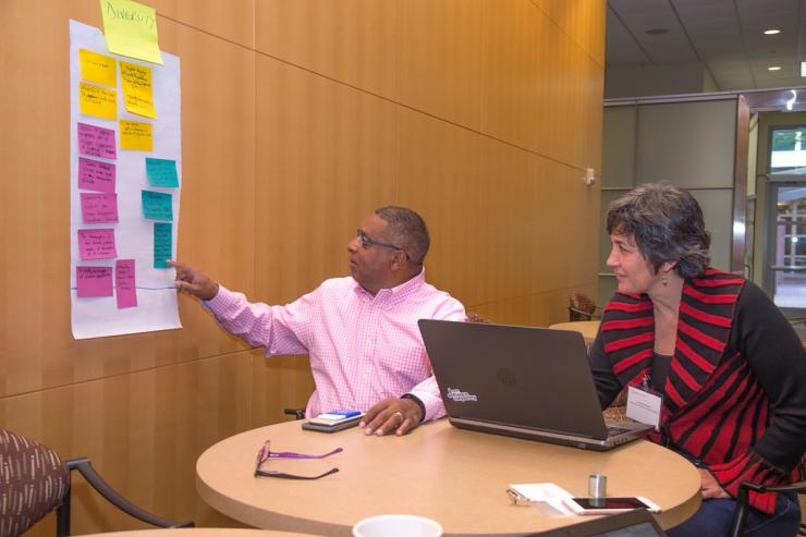 <p>Small writing teams at the Negotiating the Digital and Data Divide Workshop capture and translate ideas into recommendations. Melvin Greer, Chief Data Scientist of Intel Corp.; Patricia Ordóñez of the University of Puerto Rico - Rio Piedras.</p>